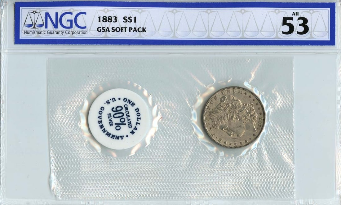 NGC AU53 1883 Morgan Silver Dollar GSA Soft Pack: NGC AU53 1883 Morgan Silver Dollar GSA Soft Pack This 1883 Morgan Dollar is certified by NGC with a grade of AU53, indicating it is in About Uncirculated condition. The coin was minted in Philadelphia