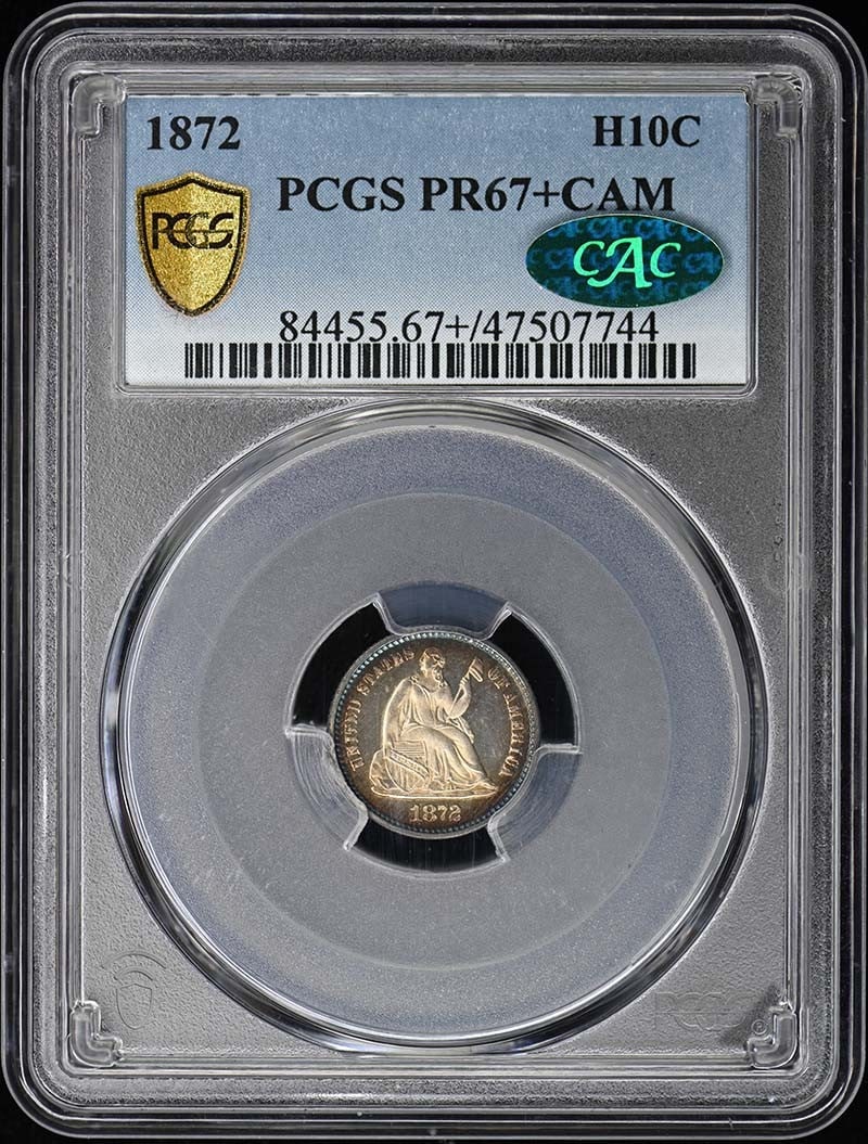 1872 Liberty Seated Half Dime PCGS PR67+ CAM CAC: 1872 Liberty Seated Half Dime PCGS PR67+ CAM CAC This 1872 Liberty Seated Half Dime is a proof coin graded PR67+CAM by PCGS, with an additional CAC designation. Featuring the classic Liberty Seated de