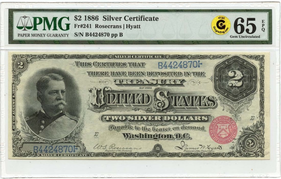 1886 $2 PMG GEM 65 EPQ Silver Certificate Hancock: 1886 $2 PMG GEM 65 EPQ Silver Certificate Hancock This is an 1886 $2 Silver Certificate from the United States, featuring a high grade of MS65 as certified by PMG. The note is from the series referenc