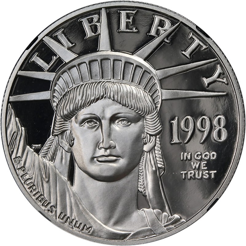 1998-W Platinum American Eagle $100 NGC PF70 Ultra Cameo Black Core Coin: 1998-W Platinum American Eagle $100 NGC PF70 Ultra Cameo Black Core Coin This stunning 1998-W Platinum American Eagle $100 coin boasts exceptional eye appeal, showcasing fantastic luster and a strong 