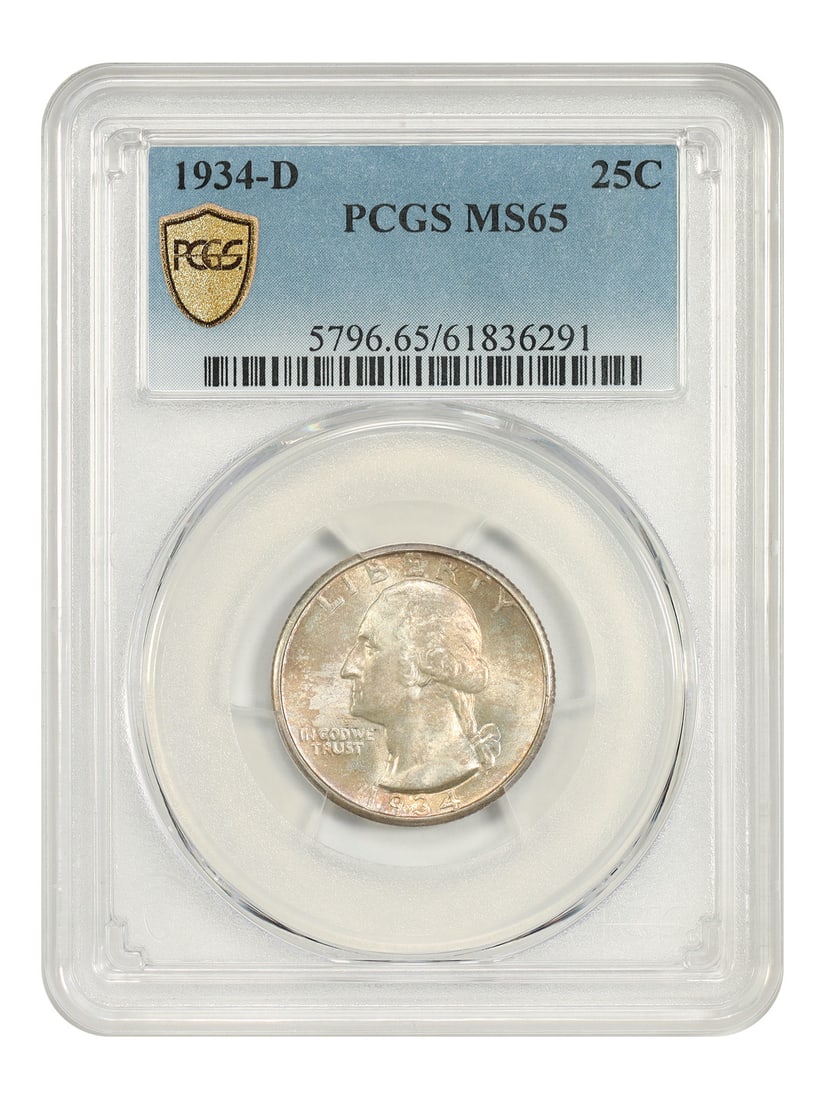PCGS MS65 1934-D Washington Quarter 25C Denver Mint: PCGS MS65 1934-D Washington Quarter 25C Denver Mint 1934-D Washington Quarter, denomination 25C, struck at the Denver Mint. This uncirculated coin is certified by PCGS and is identified by certificati