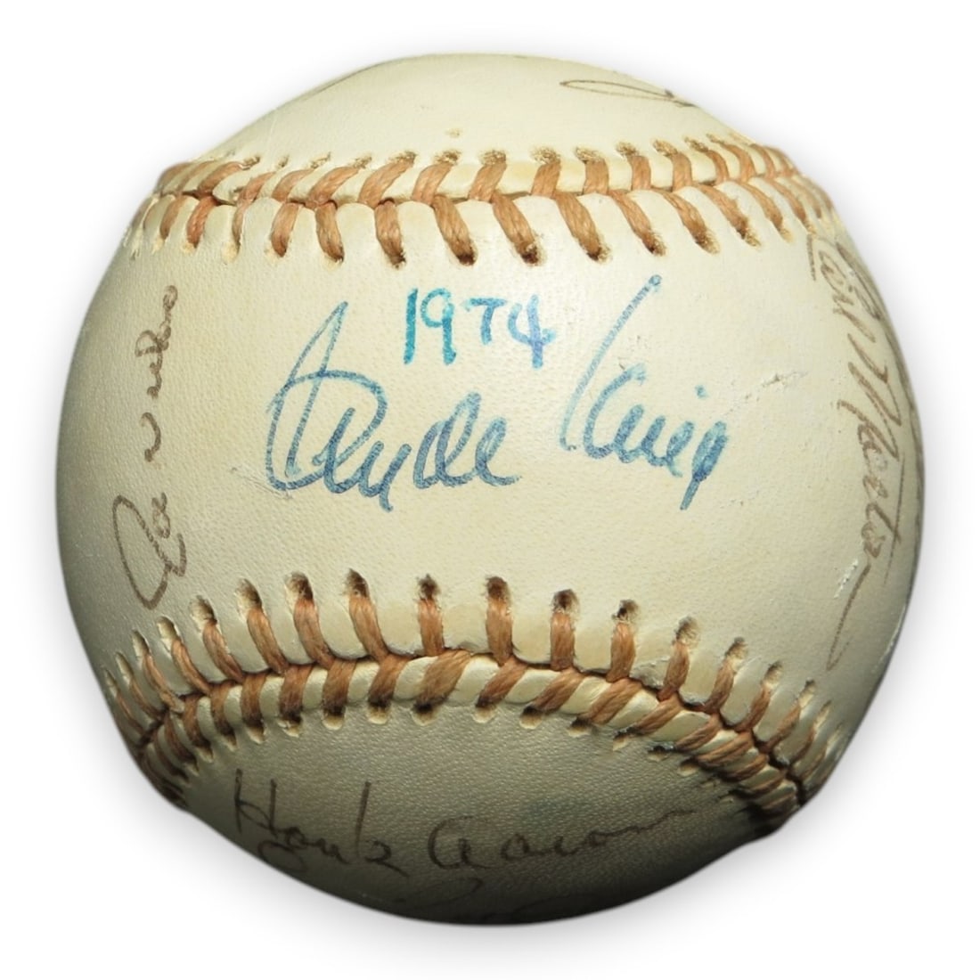 Spalding Official National League baseball Atlanta Braves 22 signatures GAI: Spalding Official National League baseball Atlanta Braves 22 signatures GAI This is an original 1974 Atlanta Braves baseball featuring twenty-two autographs, including notable players such as Hank Aar