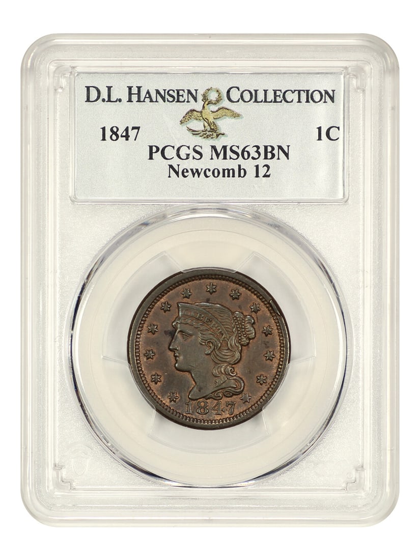 PCGS MS63 BN 1847 Braided Hair Cent 1C N-12: PCGS MS63 BN 1847 Braided Hair Cent 1C N-12 1847 Braided Hair Cent, certified by PCGS and graded MS63 BN. This uncirculated Philadelphia issue is identified as N-12 and is ex: D.L. Hansen/Naftzger. Th