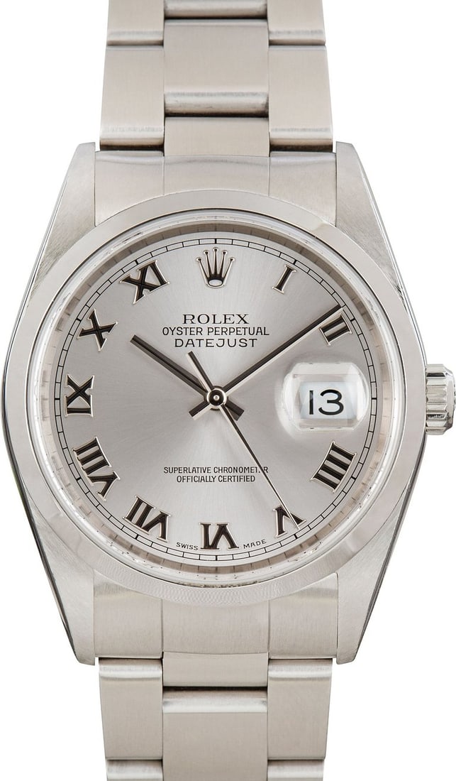 Rolex Datejust 36 Reference 16200 Silver Roman Dial Jubilee Bracelet with Papers 2001: Rolex Datejust 36 Reference 16200 Silver Roman Dial Jubilee Bracelet with Papers 2001 This is a men's Rolex Datejust 36, reference number 16200, featuring a silver dial with Roman numerals. The watch 