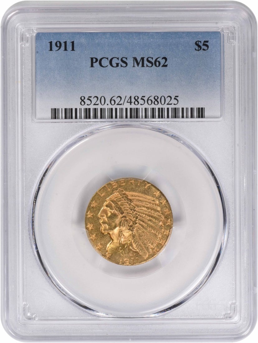 1911 Indian Head $5 Gold Coin MS62 Graded by PCGS: 1911 Indian Head $5 Gold Coin MS62 Graded by PCGS This 1911 $5 Gold Indian coin is graded MS62 by PCGS and was struck at the Philadelphia Mint. Designed by Bela Lyon Pratt, it is composed of 90% gold 
