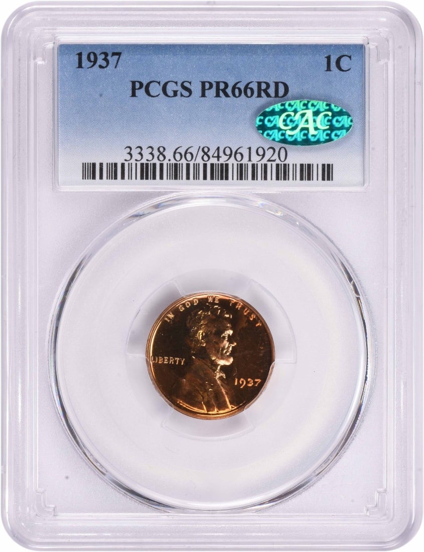 PCGS PR66RD 1937 Lincoln Wheat Proof Cent: PCGS PR66RD 1937 Lincoln Wheat Proof Cent This is a 1937 Lincoln Wheat Cent, struck in proof format and composed of copper. The coin has been graded PR66 Red by PCGS and is uncirculated. It bears no m