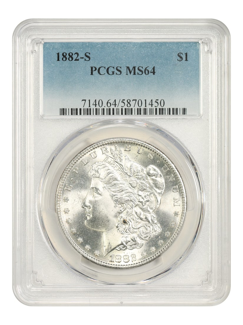 PCGS MS64 1882-S Morgan Dollar $1 Uncirculated Coin: PCGS MS64 1882-S Morgan Dollar $1 Uncirculated Coin An 1882-S Morgan Dollar certified by PCGS and graded MS64. This uncirculated $1 coin from the San Francisco Mint is a popular collector date in the 