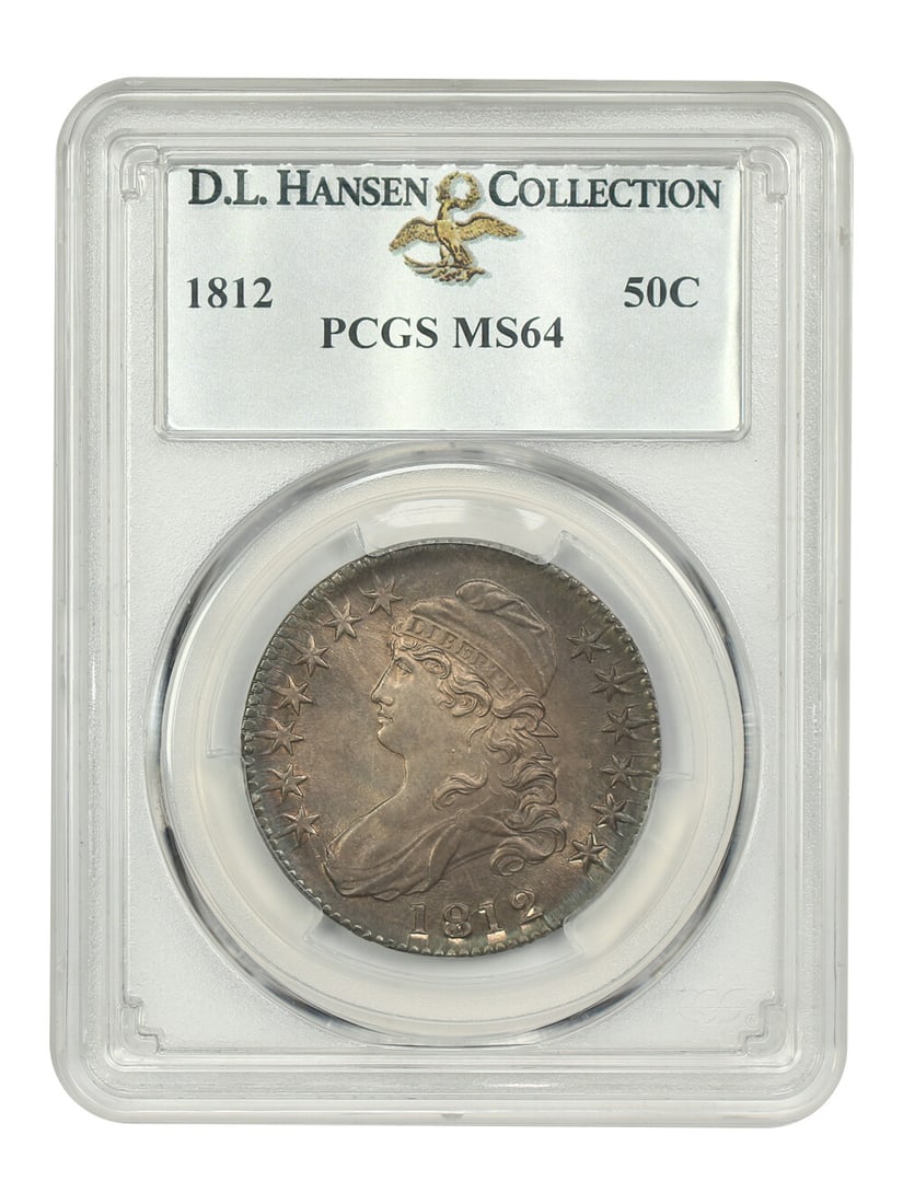 PCGS MS64 1812 Capped Bust Half Dollar 50C ex D.L. Hansen: PCGS MS64 1812 Capped Bust Half Dollar 50C ex D.L. Hansen 1812 Capped Bust Half Dollar, graded MS64 by PCGS. This uncirculated example is described as original and very appealing, with satin luster th
