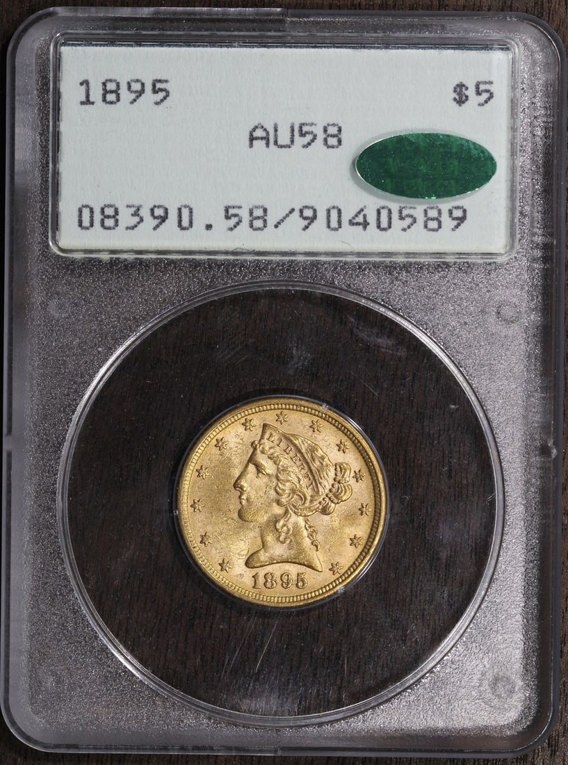 PCGS AU58 CAC 1895 Liberty Head $5 Gold Coin Rattler Holder: PCGS AU58 CAC 1895 Liberty Head $5 Gold Coin Rattler Holder This 1895 Liberty Head Gold Half Eagle features a $5 denomination and was minted in Philadelphia. Certified by PCGS and graded AU 58, it is 