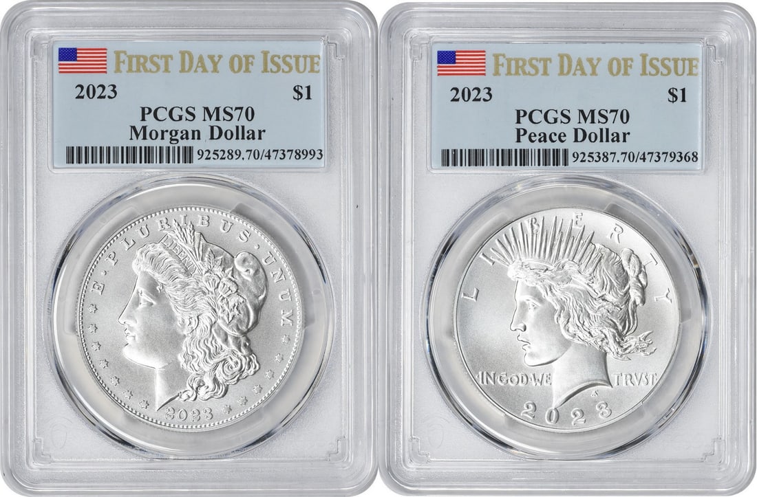 PCGS MS70 2023 Morgan Peace Dollar 2-Coin Silver Set FDOI: PCGS MS70 2023 Morgan Peace Dollar 2-Coin Silver Set FDOI This 2023 Morgan and Peace Silver Dollar set includes two coins, each graded MS70 by PCGS and designated as First Day of Issue. Both coins are
