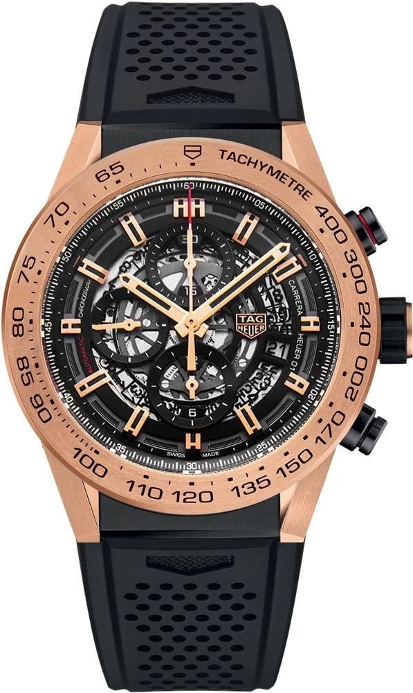 Tag Heuer Carrera Skeleton Dial Rubber Strap CAR2A5B Card: Tag Heuer Carrera Skeleton Dial Rubber Strap CAR2A5B Card This Tag Heuer Carrera features a striking skeleton dial, complemented by an 18k rose gold bezel and a durable rubber bracelet. The watch is i