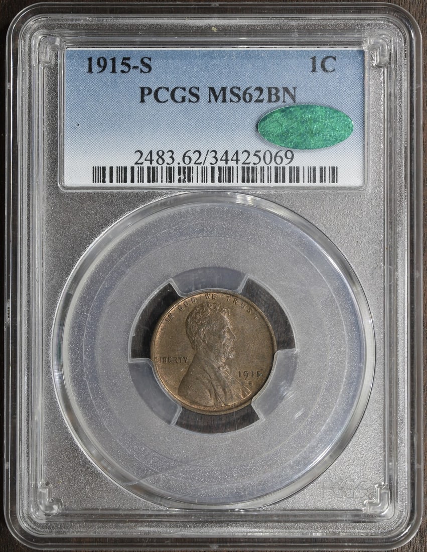 PCGS MS62BN CAC 1915 S Lincoln Wheat Small Cent: PCGS MS62BN CAC 1915 S Lincoln Wheat Small Cent 1915-S Lincoln Wheat Cent graded MS62BN by PCGS. This pre-owned small cent is composed of copper and was minted in San Francisco. The coin is from the U