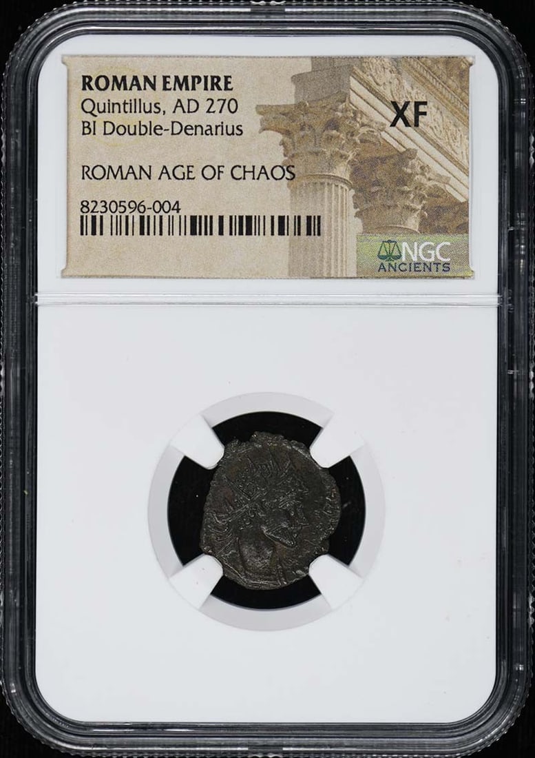 Roman Empire Quintillus BI Double Denarius NGC XF: Roman Empire Quintillus BI Double Denarius NGC XF This is a BI Double-Denarius coin from the Roman Empire, dating to the reign of Quintillus in AD 270. The coin has been graded XF (Extremely Fine) by 