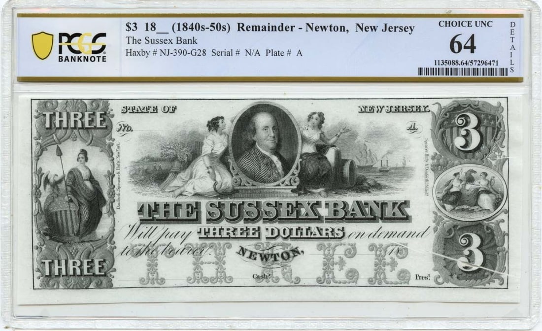Sussex Bank Newton $3 Obsolete Currency PCGS CU64 1840s-1850s (1 of 2)