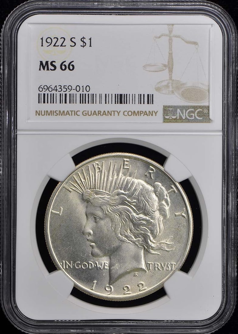 1922-S NGC MS66 Peace Dollar San Francisco Coin: 1922-S NGC MS66 Peace Dollar San Francisco Coin This 1922-S Peace Dollar is a stunning collectible coin, graded MS66 by NGC, showcasing its exceptional quality and uncirculated condition. Minted in Sa