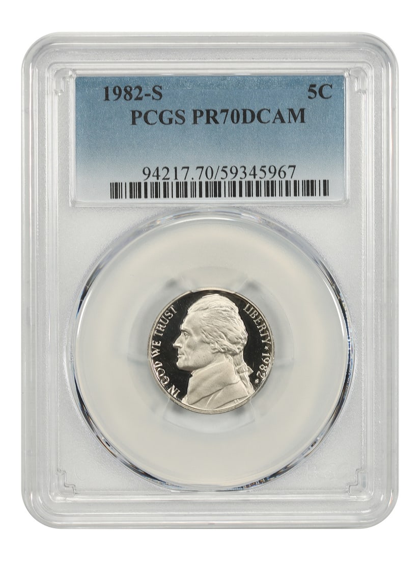 PCGS PR70DCAM 1982 S Jefferson Nickel 5C Proof: PCGS PR70DCAM 1982 S Jefferson Nickel 5C Proof 1982-S Jefferson Nickel certified by PCGS with a PR70DCAM grade. This uncirculated coin is identified as a 5C issue from the San Francisco mint and is pr
