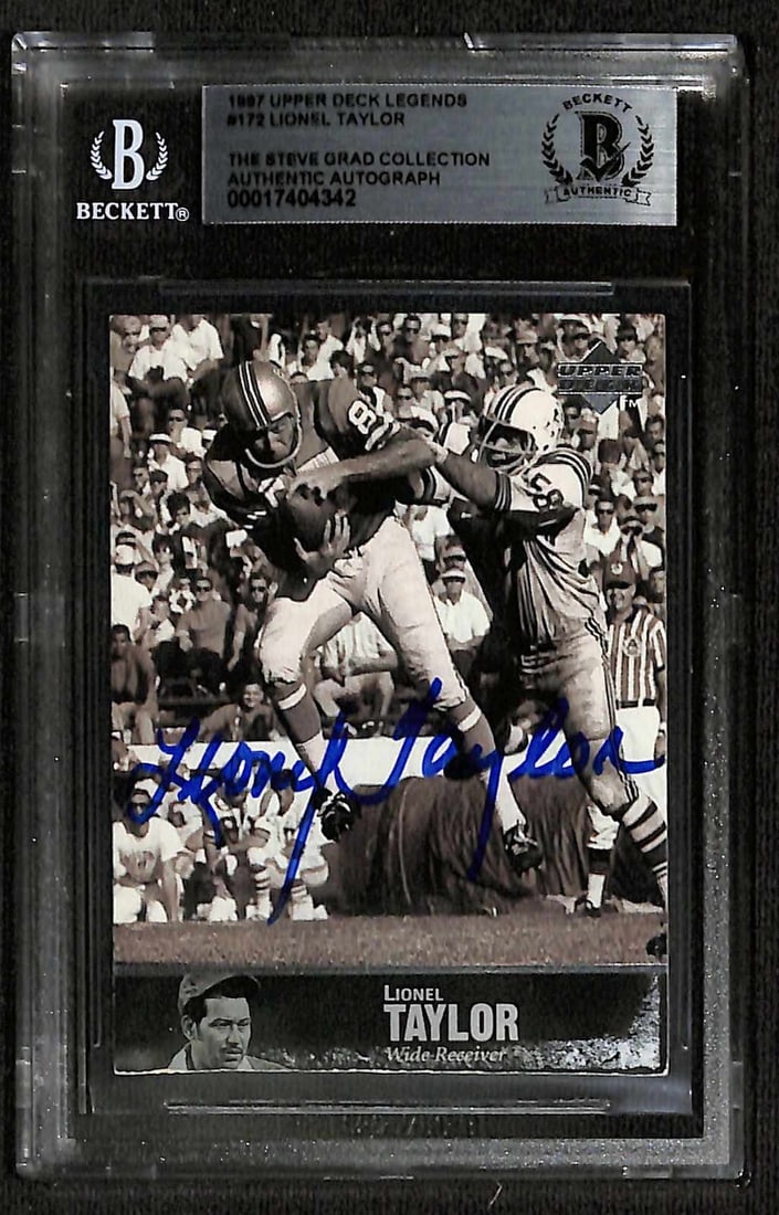 Lionel Taylor Signed 1997 Upper Deck Legends #172 Card Beckett Authenticated: Lionel Taylor Signed 1997 Upper Deck Legends #172 Card Beckett Authenticated This is a signed sports trading card featuring Lionel Taylor, the renowned Wide Receiver for the Denver Broncos. It is an o
