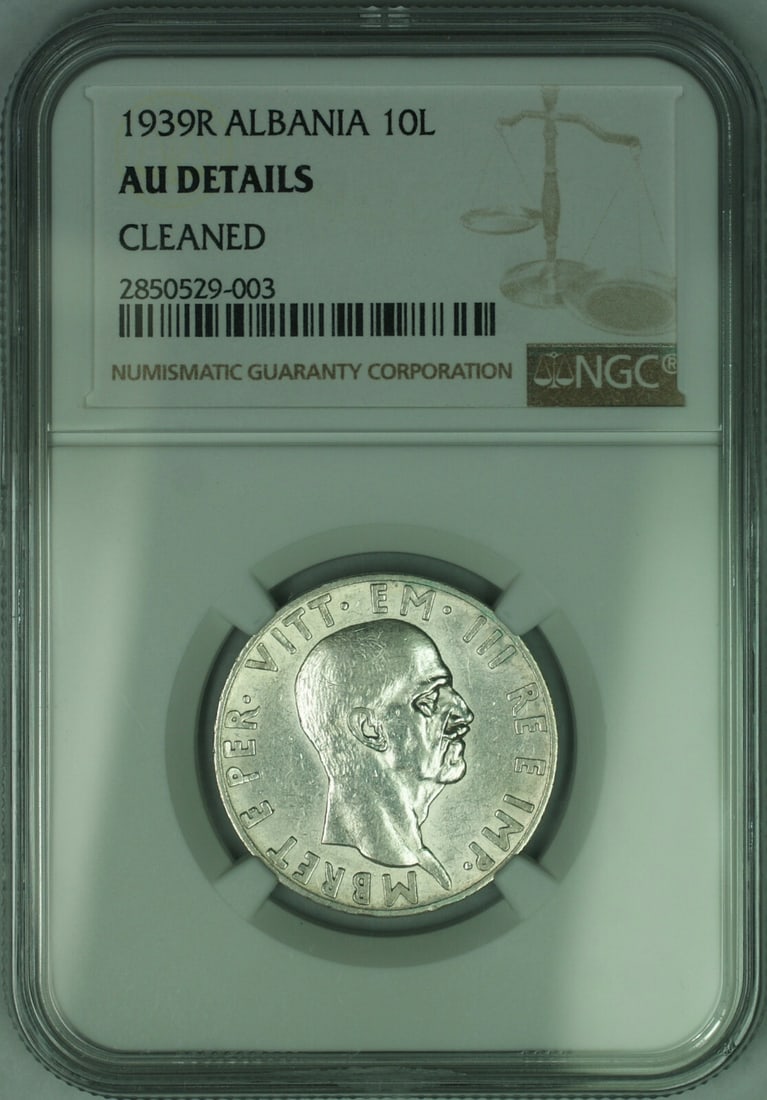 NGC AU Details 1939-R Albania 10 Lek Silver Coin (1 of 2)