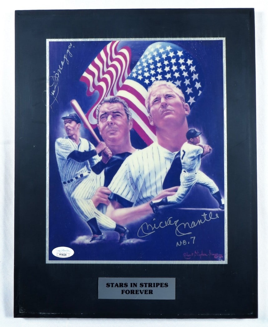 Joe DiMaggio Mickey Mantle Signed Plaque Yankees JSA Authenticated 11x14: Joe DiMaggio Mickey Mantle Signed Plaque Yankees JSA Authenticated 11x14 This stunning wood plaque features the signatures of legendary New York Yankees players Joe DiMaggio and Mickey Mantle. Measuri