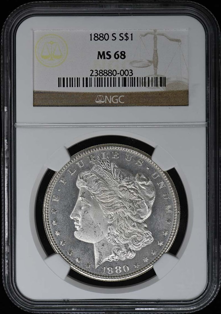 1880-S Morgan Dollar NGC MS68 Uncirculated San Francisco: 1880-S Morgan Dollar NGC MS68 Uncirculated San Francisco This 1880-S Morgan Dollar is a stunning piece certified by NGC with a remarkable grade of MS68, indicating its uncirculated condition. Minted i