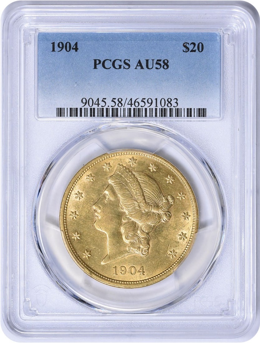 1904 $20 Gold Liberty Head Coin AU58 PCGS Certified: 1904 $20 Gold Liberty Head Coin AU58 PCGS Certified This 1904 $20 Gold Liberty Head coin is a remarkable piece of numismatic history. Certified by PCGS with a grade of AU58, this coin features the ico