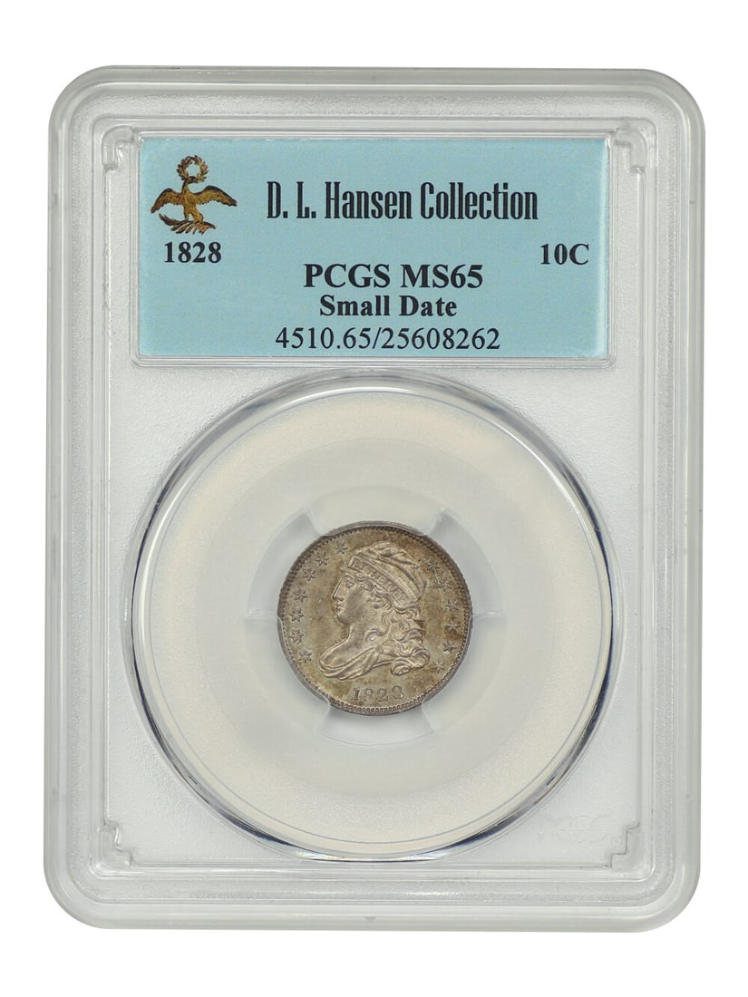 PCGS MS65 1828 Capped Bust Dime Small Date ex D.L. Hansen: PCGS MS65 1828 Capped Bust Dime Small Date ex D.L. Hansen 1828 Capped Bust Dime, denomination 10C, certified by PCGS and graded MS65. The coin is from the Philadelphia Mint and is identified as the Sm