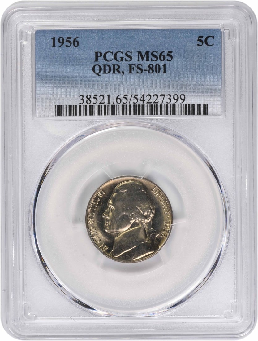 PCGS MS65 FS-801 1956 Jefferson Nickel From Philadelphia Mint: PCGS MS65 FS-801 1956 Jefferson Nickel From Philadelphia Mint This is a 1956 Jefferson Nickel graded MS65 by PCGS. The coin is uncirculated and features the quad die reverse (QDR) FS-801 variety. Desi