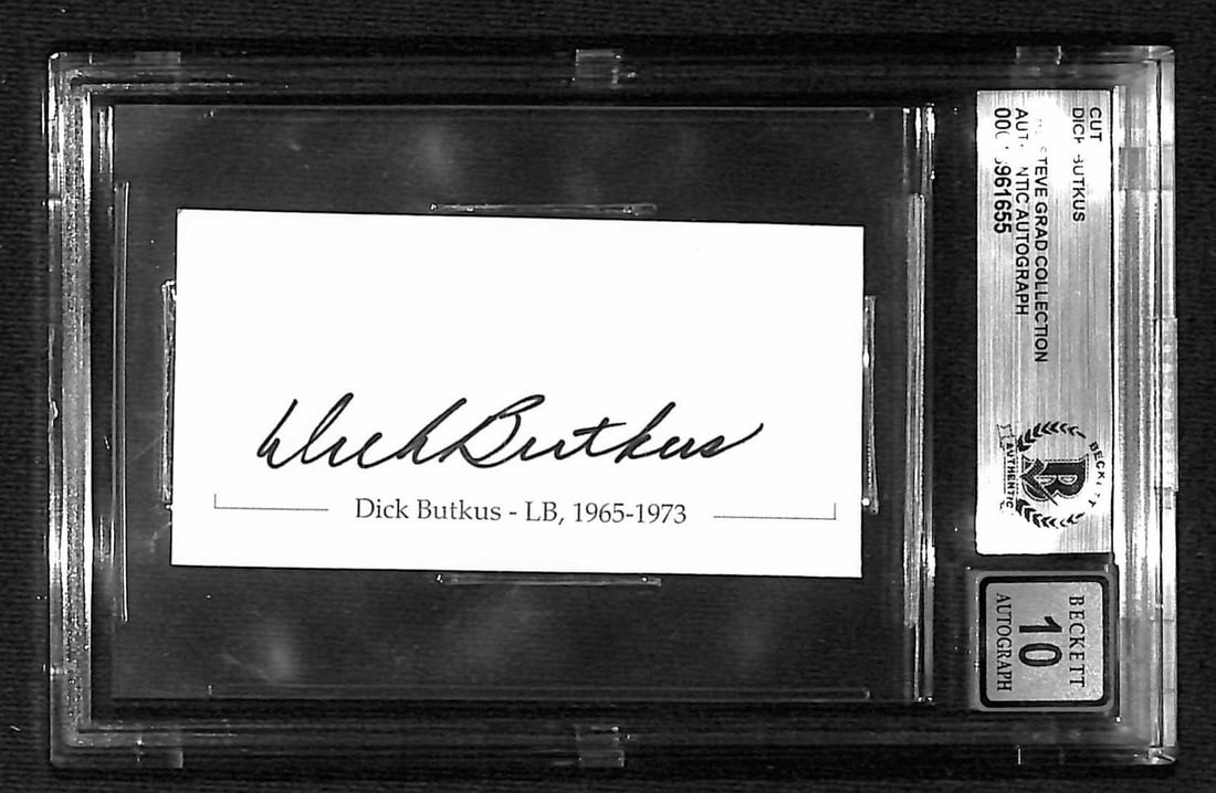 Beckett Authenticated Dick Butkus signed cut autograph grade 10: Beckett Authenticated Dick Butkus signed cut autograph grade 10 This item is a hand-signed cut autograph by Hall of Fame linebacker Dick Butkus, encapsulated and authenticated by Beckett Authenticatio