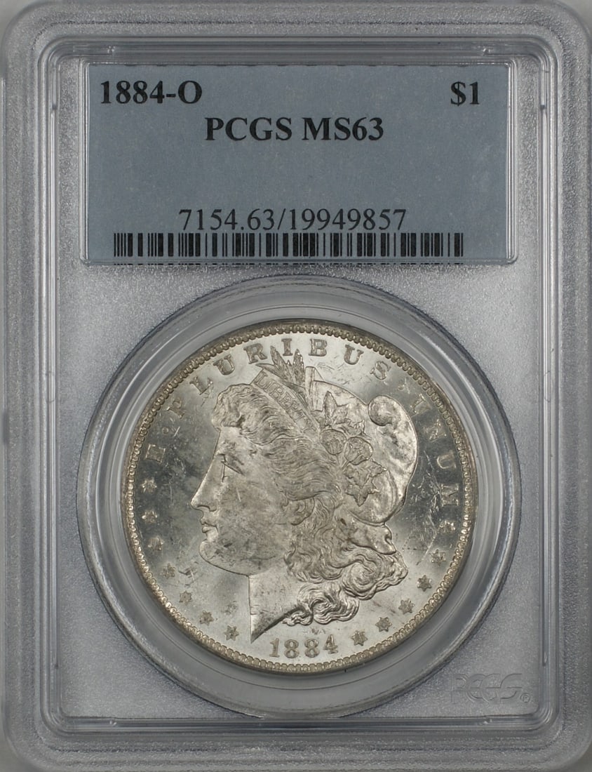 PCGS MS 63 1884-O Silver Morgan Dollar Uncirculated New Orleans Mint: PCGS MS 63 1884-O Silver Morgan Dollar Uncirculated New Orleans Mint This 1884-O Morgan Silver Dollar features a $1 denomination and was minted in New Orleans. Certified by PCGS with a grade of MS 63,