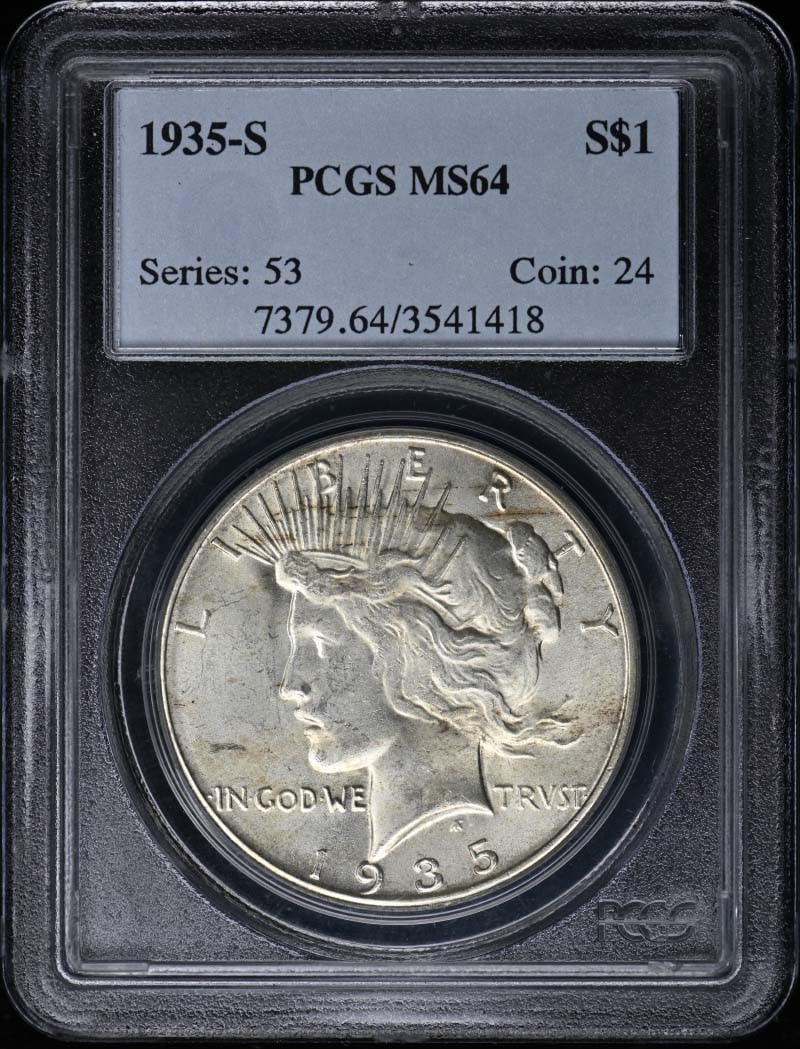 1935-S Peace Dollar PCGS MS64 Uncirculated San Francisco: 1935-S Peace Dollar PCGS MS64 Uncirculated San Francisco This 1935-S Peace Dollar is a stunning collectible coin graded MS64 by PCGS, ensuring its high quality and authenticity. Produced in San Franci