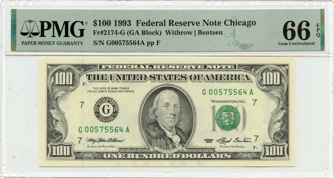 PMG GEM 66 EPQ 1993 $100 Chicago Federal Reserve Note: PMG GEM 66 EPQ 1993 $100 Chicago Federal Reserve Note This is a 1993 $100 Federal Reserve Note from Chicago, graded MS66 by PMG and certified as GEM 66 EPQ. The note is uncirculated and originates fro