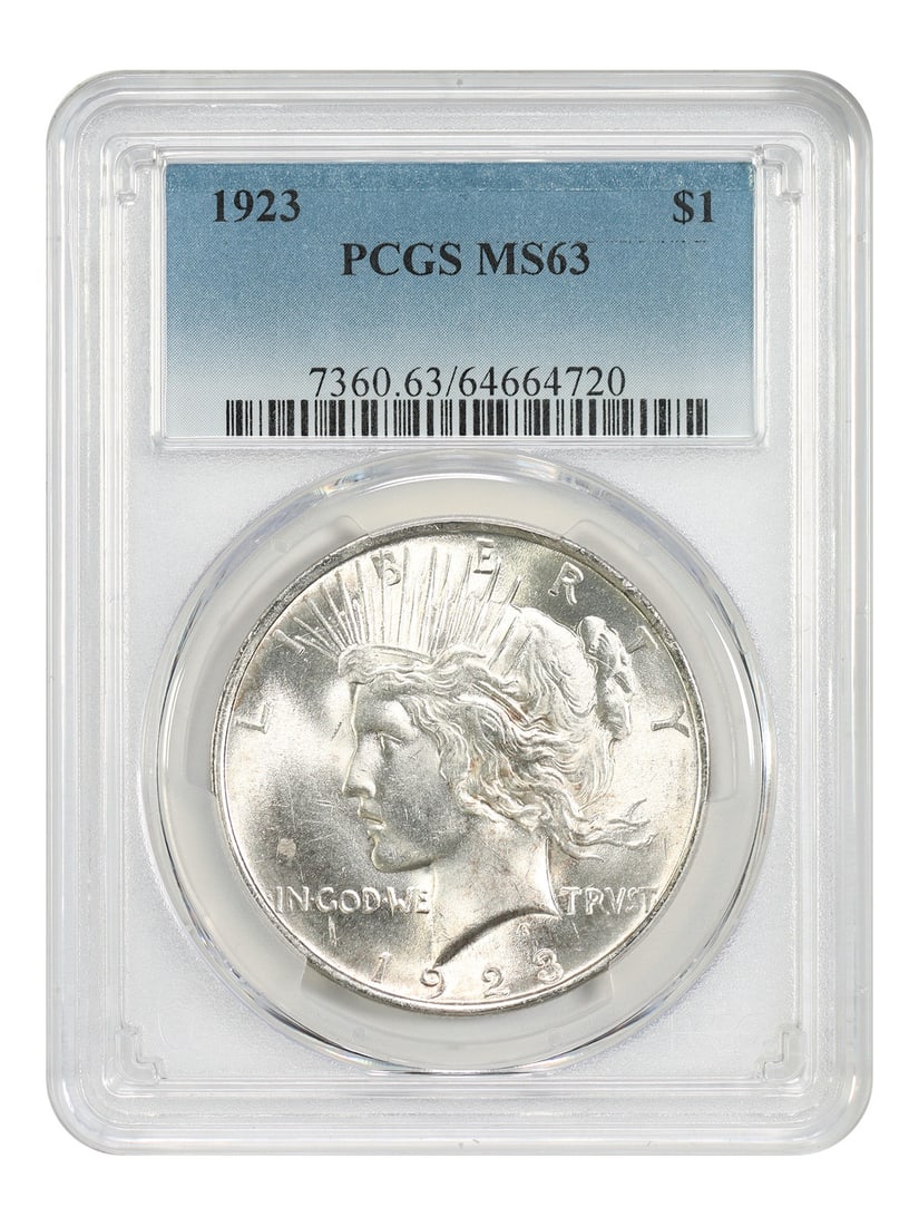 1923 Peace Dollar $1 PCGS MS63 Philadelphia: 1923 Peace Dollar $1 PCGS MS63 Philadelphia A 1923 Peace Dollar with a $1 denomination, struck at the Philadelphia Mint and certified by PCGS as MS63. The coin is uncirculated and pre-owned, with cert