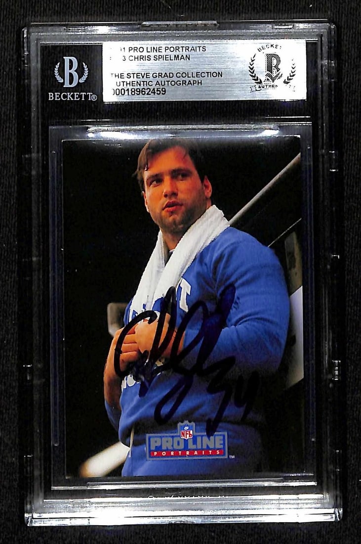 Beckett slabbed Chris Spielman 1991 Pro Line Portraits signed football card: Beckett slabbed Chris Spielman 1991 Pro Line Portraits signed football card This 1991 Pro Line Portraits football card features a hand-signed autograph by Chris Spielman, the renowned linebacker for t