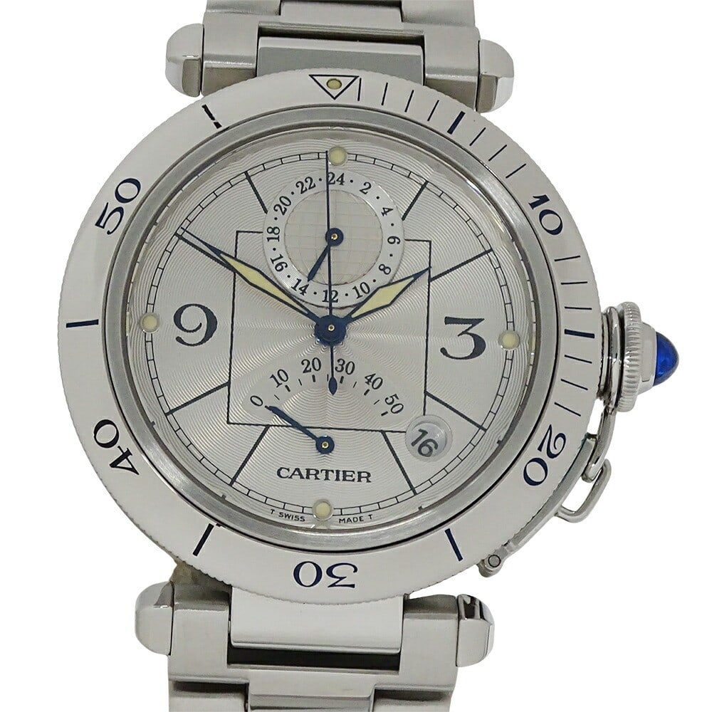 Cartier Pasha GMT Date Automatic Stainless Steel Silver Dial W31037H3: Cartier Pasha GMT Date Automatic Stainless Steel Silver Dial W31037H3 This is a pre-owned Cartier Pasha Power Reserve GMT Date Automatic wristwatch for men. Crafted in Switzerland, this timepiece feat
