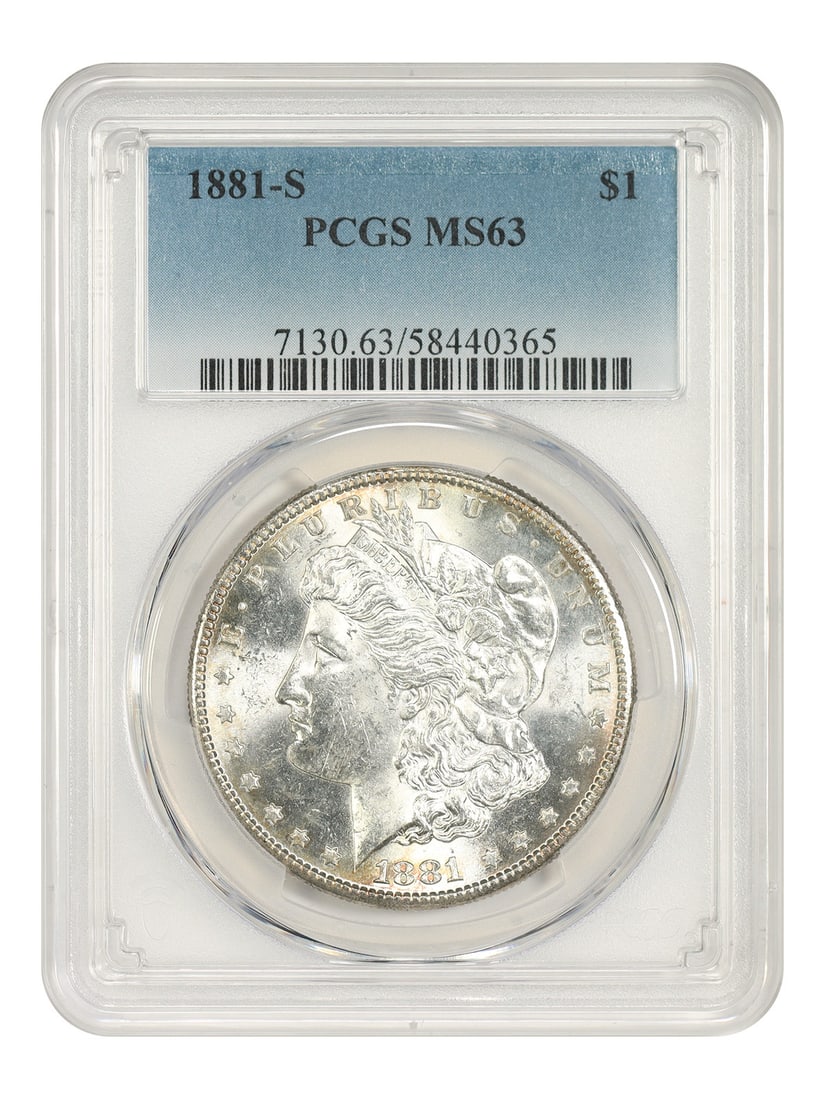 PCGS MS63 1881-S Morgan Silver Dollar $1 Uncirculated: PCGS MS63 1881-S Morgan Silver Dollar $1 Uncirculated 1881-S Morgan Dollar graded MS63 by PCGS. The coin is an uncirculated $1 piece from the San Francisco Mint, with certification number 58440365. It
