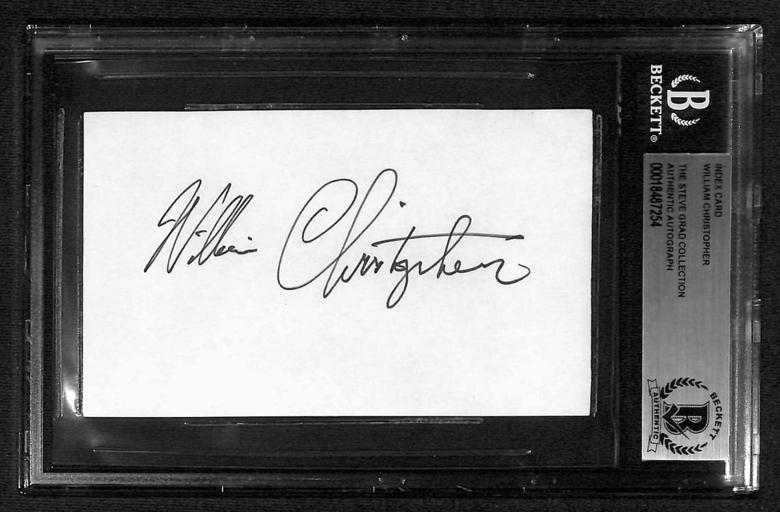 William Christopher autographed 3x5 index card Beckett slabbed: William Christopher autographed 3x5 index card Beckett slabbed This is a hand-signed 3x5 inch index card autographed by actor William Christopher, known for his role as Father Mulcahy in the televisio