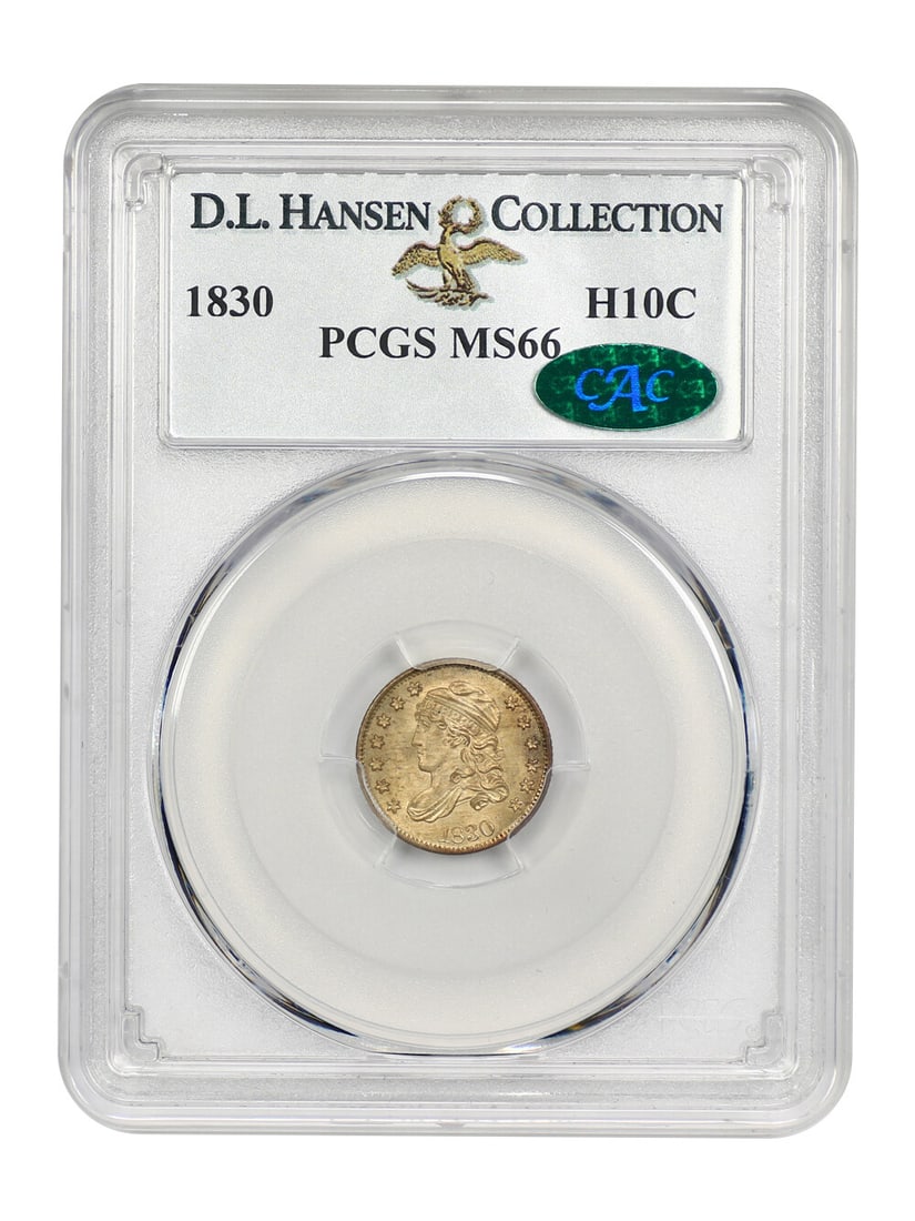 1830 Capped Bust Half Dime H10C PCGS MS66 ex D.L. Hansen: 1830 Capped Bust Half Dime H10C PCGS MS66 ex D.L. Hansen An 1830 Capped Bust Half Dime certified by PCGS and graded MS66, with CAC approval and ex: D.L. Hansen provenance noted in the title. The coin 