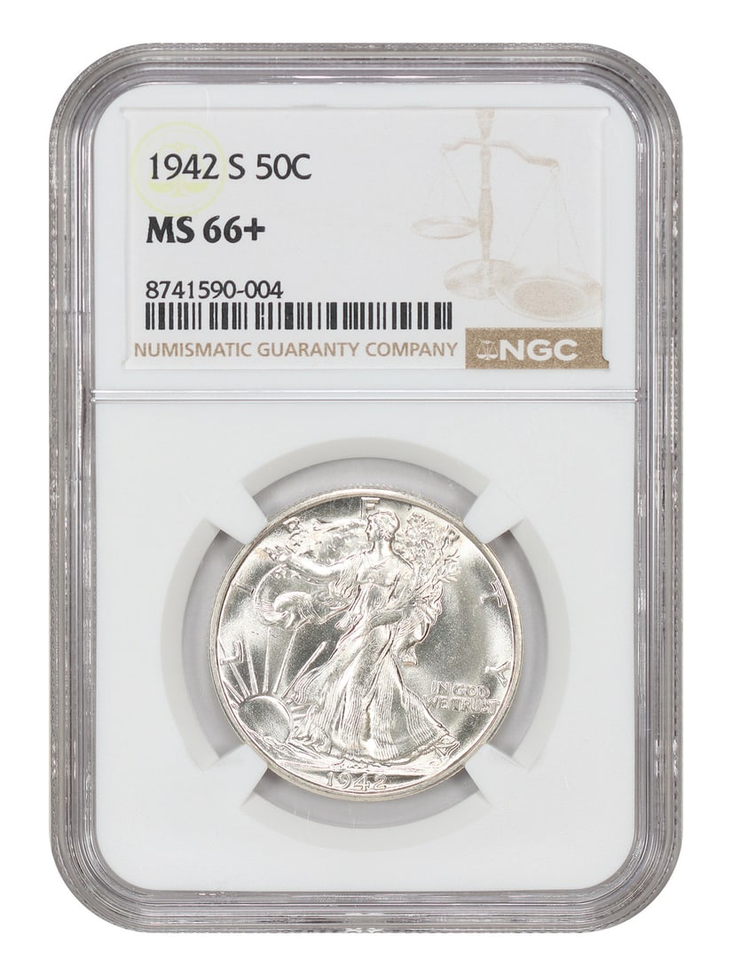NGC MS66+ 1942-S Walking Liberty 50C Half Dollar: NGC MS66+ 1942-S Walking Liberty 50C Half Dollar 1942-S Walking Liberty Half Dollar, denomination 50C, struck at the San Francisco Mint and certified by NGC with an MS66+ grade. This pre-owned coin is