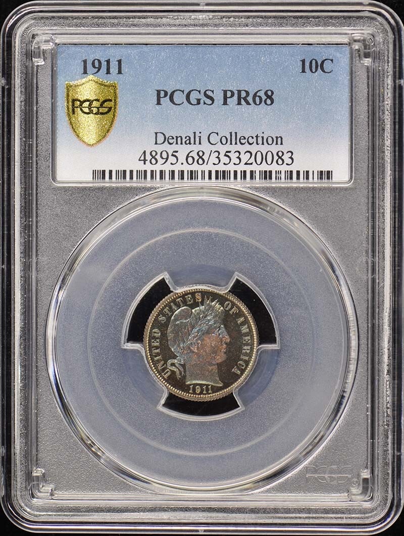 1911 Barber Dime PCGS PR68 Uncirculated Proof Coin: 1911 Barber Dime PCGS PR68 Uncirculated Proof Coin Discover this stunning 1911 Barber Dime, certified by PCGS with a remarkable grade of PR68. This uncirculated coin features a proof strike and was mi