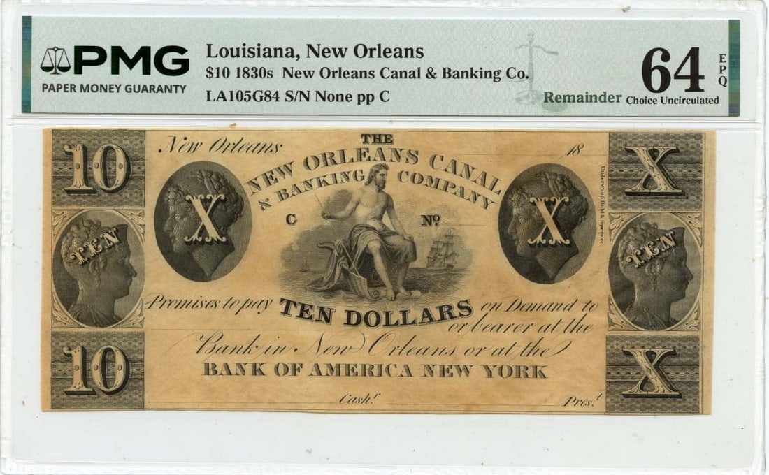 Canal Bank New Orleans Obsolete $10 Note PMG Certified Uncirculated (1 of 2)
