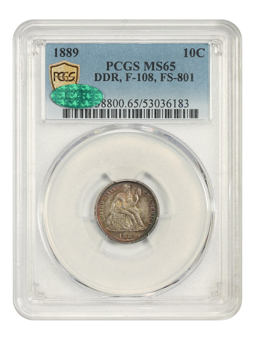 1889 Liberty Seated Dime 10C PCGS MS65 CAC DDR FS-801 F-108: 1889 Liberty Seated Dime 10C PCGS MS65 CAC DDR FS-801 F-108 An 1889 Liberty Seated Dime in uncirculated condition, certified by PCGS and attributed to the DDR variety (F-108, FS-801). This pleasing ex