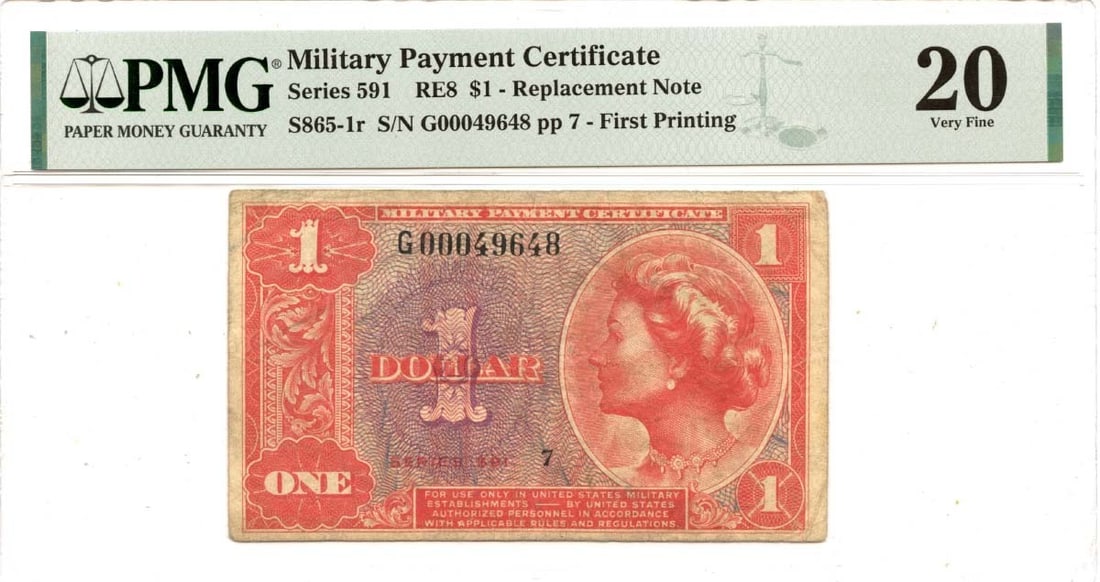PMG VF20 Series 591 S865-1r Military Payment Certificate First Printing $1 (1 of 2)