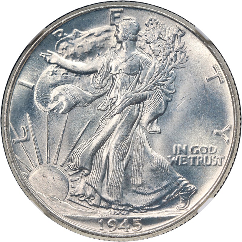 1945 P Walking Liberty Half Dollar NGC MS66 Silver: 1945 P Walking Liberty Half Dollar NGC MS66 Silver This 1945-P Walking Liberty Half Dollar is graded MS66 by NGC and features a blast white appearance with strong strike and superb luster. The coin is