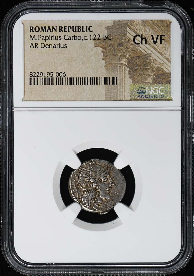 Roman Republic AR Denarius M Papirius Carbo c122 BC NGC Ch VF: Roman Republic AR Denarius M Papirius Carbo c122 BC NGC Ch VF This is a Roman Republic AR Denarius issued by M. Papirius Carbo around 122 BC. The coin has been certified by NGC and graded as Choice Ve