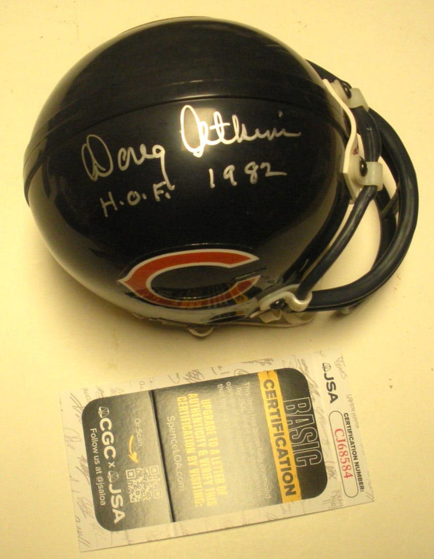 Signed Chicago Bears mini helmet Doug Atkins JSA COA Tennessee HOF 1982: Signed Chicago Bears mini helmet Doug Atkins JSA COA Tennessee HOF 1982 Original signed mini helmet featuring Doug Atkins with Chicago Bears and Tennessee HOF 1982 references. The item is described as