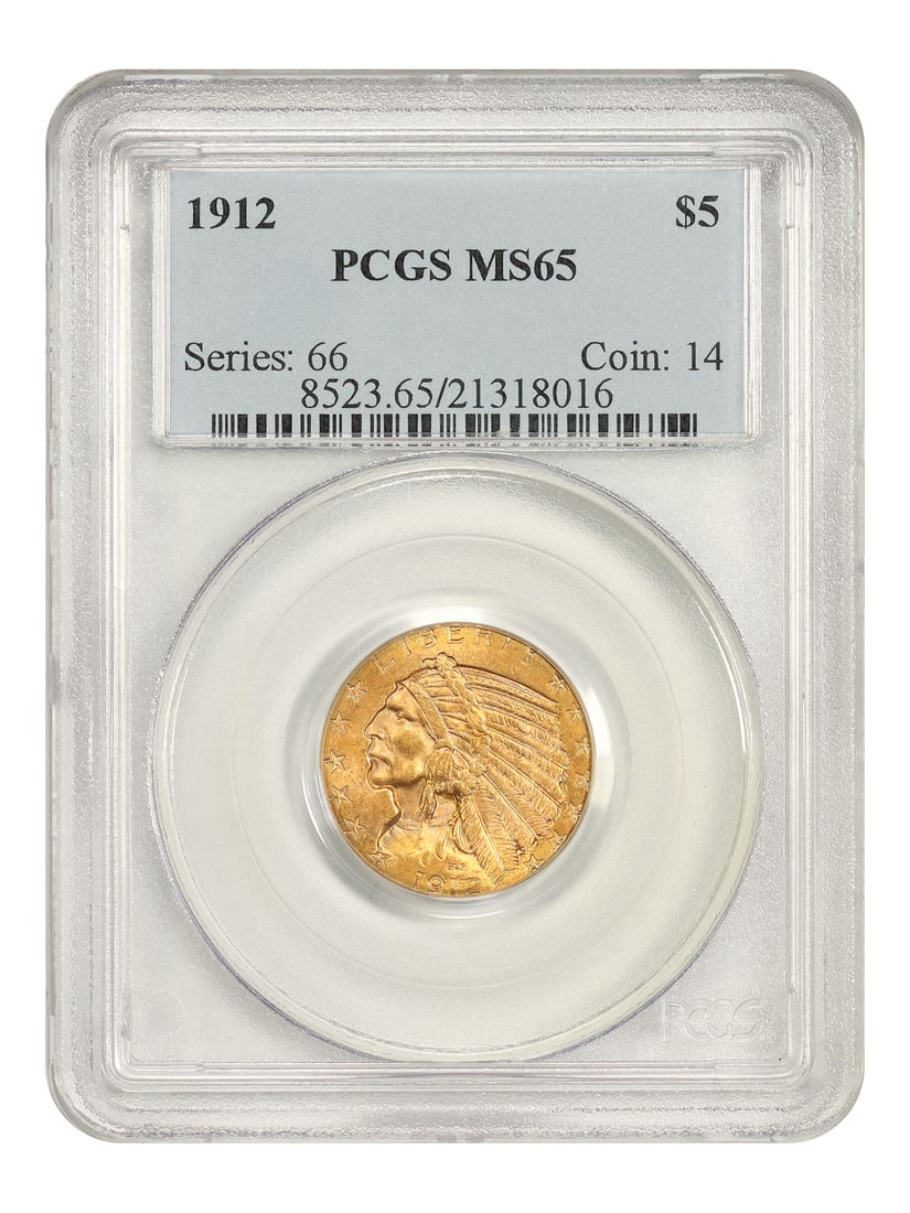 1912 Indian Head $5 Gold Coin PCGS MS65: 1912 Indian Head $5 Gold Coin PCGS MS65 1912 $5 Indian Head gold coin certified by PCGS as MS65. Struck at the Philadelphia Mint, this uncirculated example features Bela Lyon Pratt's incuse design and