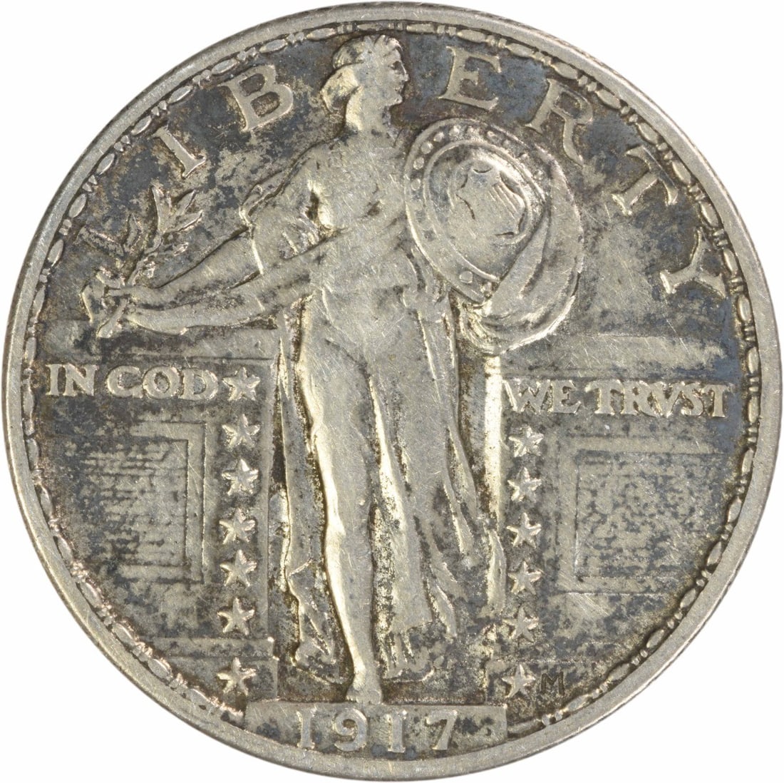 1917 Standing Liberty Quarter Type 2 Silver Coin EF Uncertified: 1917 Standing Liberty Quarter Type 2 Silver Coin EF Uncertified This is a 1917 Standing Liberty Silver Quarter, Type 2, from the Philadelphia Mint. The coin is circulated and has an EF (Extremely Fine