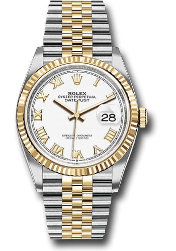 Rolex 126233 Datejust 36 Mens Watch White Roman Dial Jubilee Bracelet: Rolex 126233 Datejust 36 Mens Watch White Roman Dial Jubilee Bracelet Men's Rolex Datejust 36 with a white Roman dial, fluted bezel, and Jubilee bracelet. The watch is identified by reference number 1