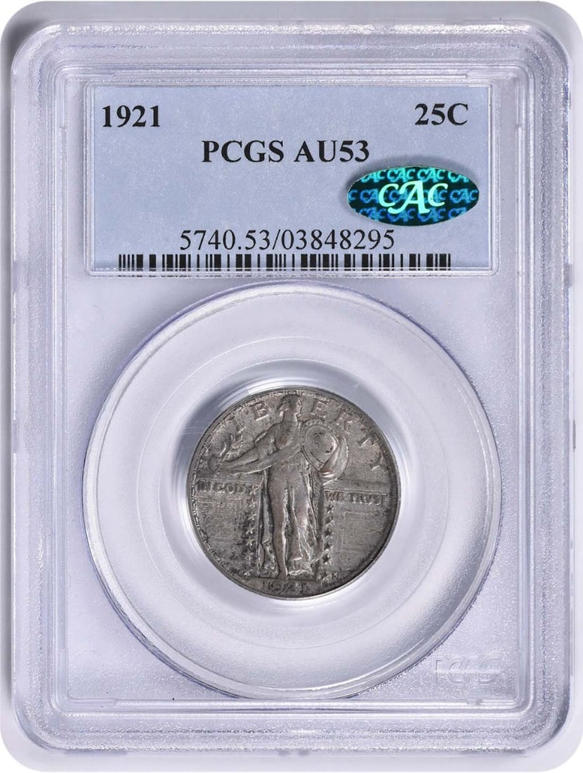 PCGS AU53 CAC 1921 Standing Liberty 25C Silver Quarter: PCGS AU53 CAC 1921 Standing Liberty 25C Silver Quarter 1921 Standing Liberty Silver Quarter graded AU53 by PCGS with CAC approval. This circulated United States coin is composed of silver and has a de