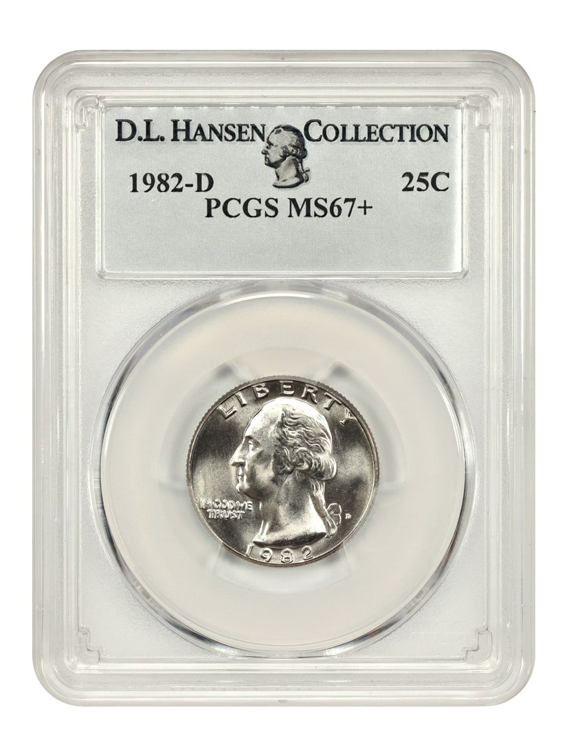 PCGS MS67+ 1982-D Washington Quarter ex D.L. Hansen: PCGS MS67+ 1982-D Washington Quarter ex D.L. Hansen This 1982-D Washington Quarter is certified by PCGS and graded MS67+. It is an uncirculated Denver-mint example with certification number 36848361. 